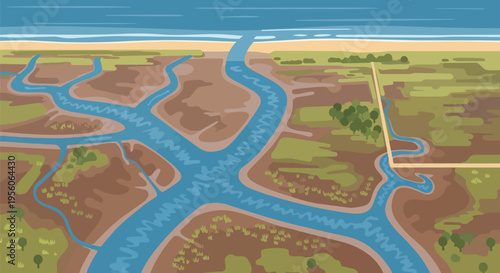 Illustrative aerial perspective of a dynamic coastal ecosystem featuring meandering river channels, lush marshlands, a golden beach, and the