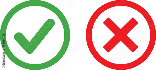 A pair of simple circular icons representing a green check mark for yes and a red cross for no Vector