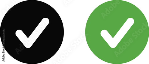 Two circular icons featuring a white checkmark symbol on black and green solid background circles Vector