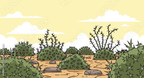 A vibrant cartoon illustration capturing a resilient desert landscape, featuring spiky green bushes on deeply cracked earth, under a serene, light