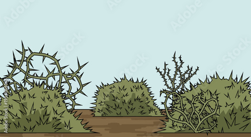 An illustration showcasing a collection of rugged, thorny desert shrubs against a clear sky and earthy ground providing a stark, resilient natural