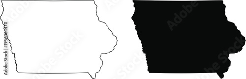 A simple outline and a solid black filled silhouette map of the us state of iowa on white background Vector