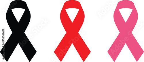 A collection of three distinct awareness ribbons in black, red, and pink colors on white background Vector