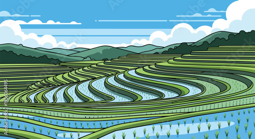 Lush green rice terraces winding through a picturesque mountainous landscape under a clear blue sky