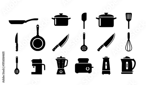 Kitchen utensils and appliances silhouette icon set with cooking tools vector collection