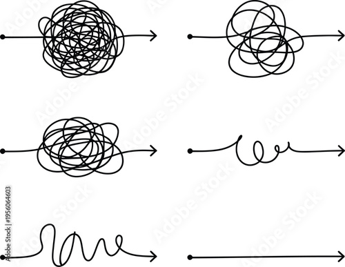 Visualizing complexity and simplification tangled lines progressing to a straight path