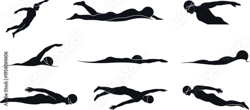 Set of swimmer silhouettes demonstrating freestyle stroke technique sequence, athletic motion underwater, professional training illustration, isolated black figures on white background for fitness 