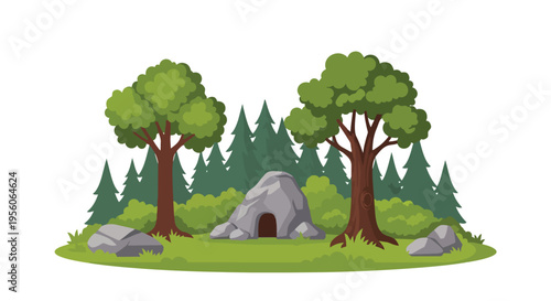 Vibrant cartoon forest scene featuring a cozy rock cave nestled among lush trees and natural elements