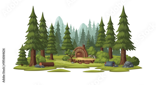 A vibrant cartoon forest scene featuring tall evergreen trees, a charming woodland dwelling, and lush green ground against a misty mountain