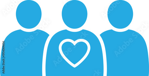 A minimalist blue icon representing a group of three people with a central heart symbol design Vector