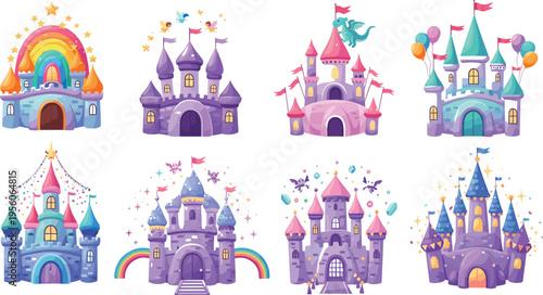 Fantasy Fairy Tale Castle Collection Vector Illustration Set Featuring Magical Palaces, Rainbow Castles, Princess Kingdoms and Whimsical Dreamland Architecture Designs