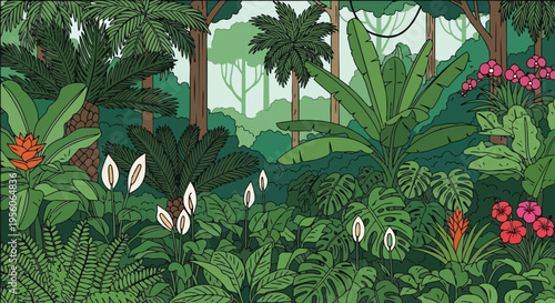 Vibrant tropical jungle illustration featuring exotic plants and lush foliage in a serene natural setting