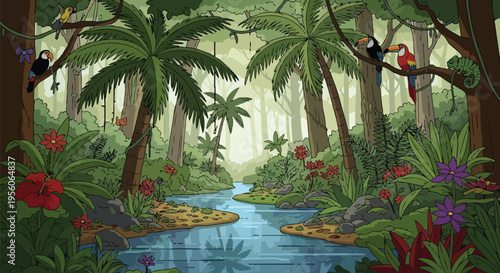 Lush animated jungle river scene with exotic birds and vibrant tropical flora, a serene natural habitat illustration rich with diverse wildlife and