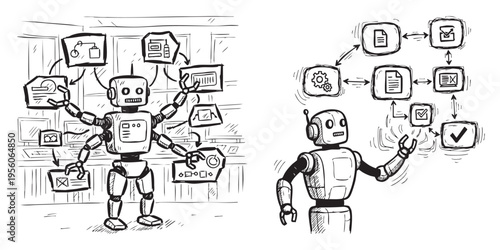 Tableau sur toile AI Automation Energy Blast Explosion Concept Black White Hand Drawn Sketch Trans