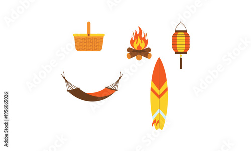 Relaxing and adventurous elements of a beach outing depicted in icons