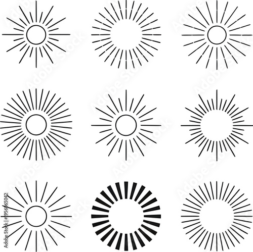 Nine linear sunburst designs arranged in a grid pattern on a white background
