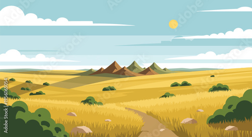 Expansive golden plains, winding path, distant majestic mountains, bright blue sky, fluffy white clouds, radiant sun, tranquil natural scene