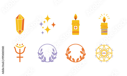 Collection of symbolic icons representing light, wisdom, and celebration
