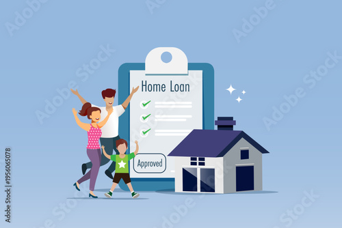 Family couple and kid in happy manner to get home loan approval. Mortgage loan, buy new house, property investment for family. Vector.