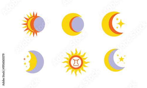 Illustrations of astrological symbols combining sun and moon phases with libra emblem
