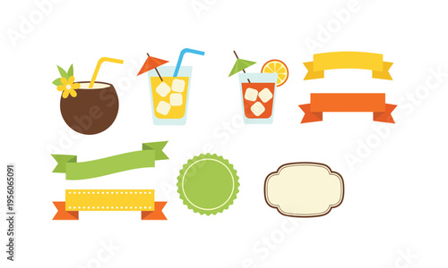 Colorful tropical drinks and decorative banners for festive events