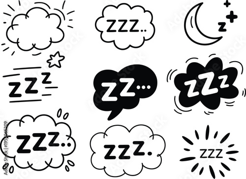 Black and white doodle icons depicting sleep dreams and nighttime rest
