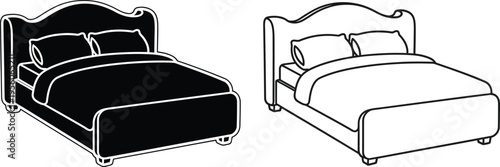 Black and white beds with pillows and headboards Vector