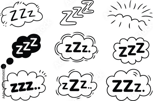 Black and white cartoon sleep bubbles and zzz symbols depicting dreaming or resting