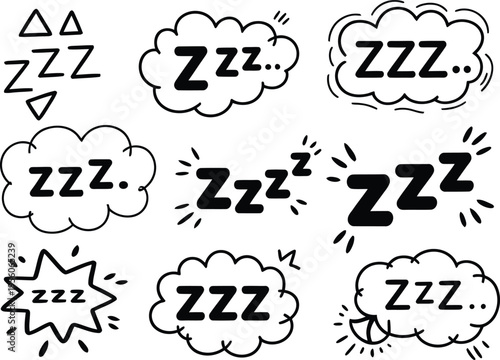 Collection of hand drawn sleep speech bubbles and doodles in black and white
