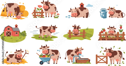 Farm Cow Life and Agriculture Scene Vector Illustration Set Featuring Barn, Milking, Feeding, Grazing and Rural Farming Activities Collection
