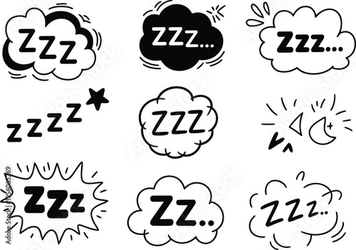 Black and white doodle style illustrations of sleeping clouds with zzz lettering