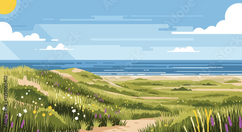 A tranquil flat design illustration of verdant coastal dunes teeming with wildflowers leading to a calm sandy beach and a clear azure ocean under a