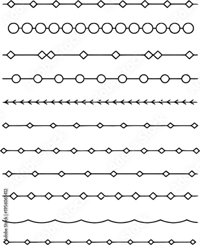 Collection of black and white decorative lines and geometric patterns in a vertical arrangement