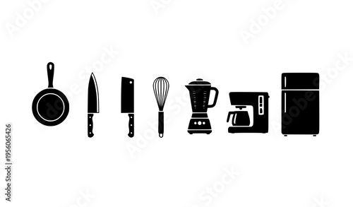 Kitchen utensils and appliances silhouette banner with cooking tools vector icons