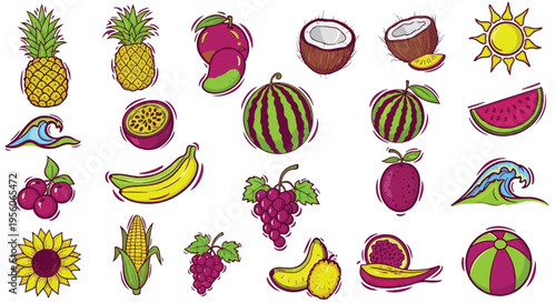 coconut, mango, and passion fruit, alongside beach-themed elements like waves, a sunflower, and a beach ball. Styled with a retro pop-art aesthetic using bold purple, lime green, and yellow outlines