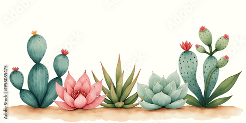 Succulent and Cactus Arrangement with Desert Plants, Botanical Illustration with Copy Spacev