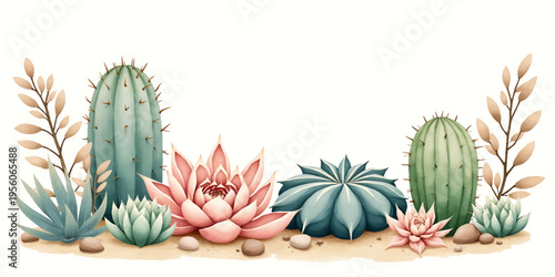 Cactus and Succulent Desert Arrangement with Blooming Flowers, Botanical Illustration Background