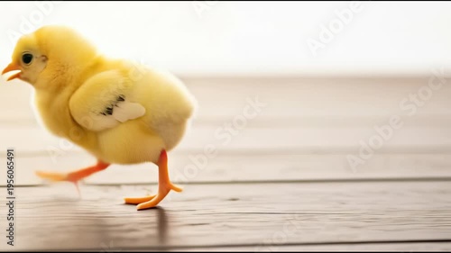 Small yellow chick on wooden floor.