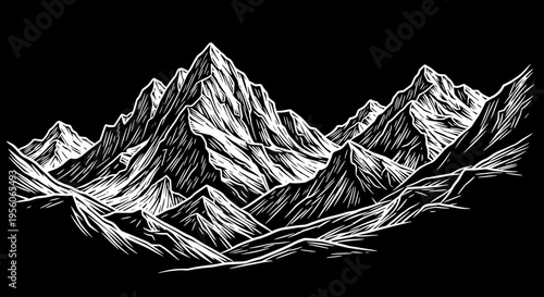 Monochromatic ink painting depicting rugged mountains with sharp peaks against a stark black background, showcasing detailed line work and dramatic contrast