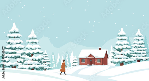 Winter's serene embrace: a lone figure walks towards a rustic red house among snow-laden pines as gentle flakes fall. An idyllic, peaceful seasonal