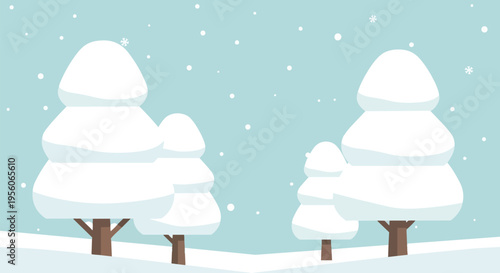 A tranquil winter wonderland scene with stylized snow-laden trees under a gentle snowfall, perfect for seasonal designs and holiday backdrops. This