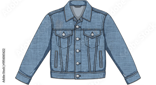 Illustration of a classic denim jacket in a detailed front view with buttoned pockets and stitching, set against a white background with clear lines