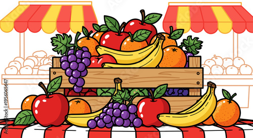 Vibrant illustration of a wooden crate overflowing with colorful fruit including apples, bananas, grapes, and oranges, symbolizing a bountiful harvest at a market stall