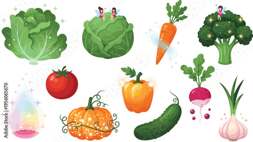Fresh Vegetable Collection Vector Illustration Set Featuring Cabbage, Broccoli, Carrot, Tomato, Pumpkin, Cucumber, Garlic and Bell Pepper Healthy Food Icons