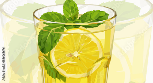 Refreshing lemonade adorned with vibrant mint leaves in a clear glass, showcasing a bright and zesty composition with a fresh, invigorating feel