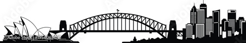 Sydney skyline silhouette featuring Harbour Bridge and Opera House, modern cityscape vector illustration, iconic Australia urban architecture landmark banner design