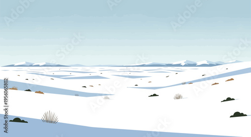 Minimalist winter landscape showcasing vast snow-covered fields and distant mountains under a clear sky. A serene and tranquil frozen vista of calm