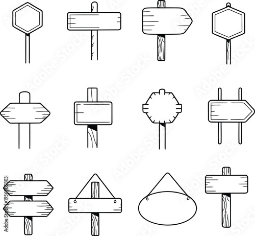 Collection of hand drawn style wooden signposts and arrows in black and white