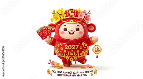 Cute Chibi Vietnamese Red Mascot 3D Illustration for Asian Lunar New Year 2027,  pure white background
