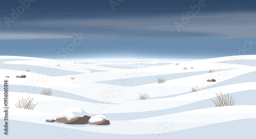 Expansive winter landscape with undulating snowfields and scattered hardy plants under a twilight blue sky